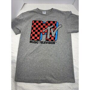 MTV Music Checkered Logo Grey Retro Tee Shirt Size Medium Delta Pro